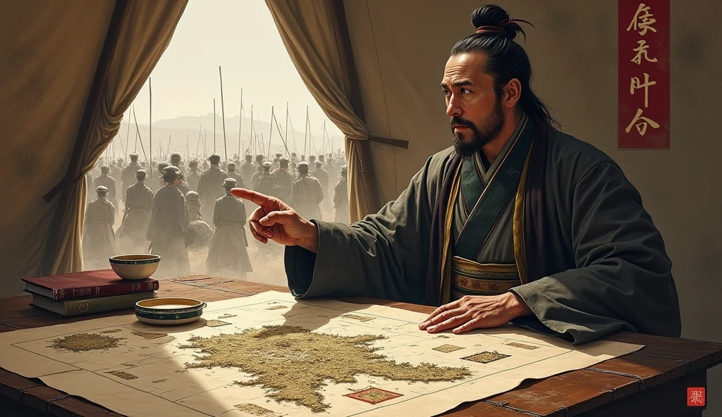 Warring States period,A military advisor sitting in a tent,There is a map in front of him,He holds a bamboo slip in his left hand,Right finger pointing