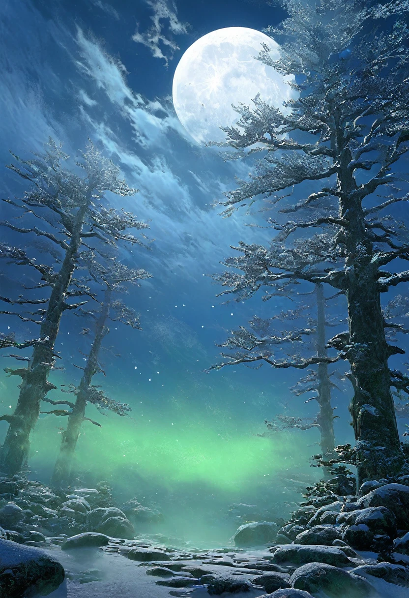(Only the tops of the trees and the full moon are visible.) 在月光下大暴风雪的森林 close up 雪覆蓋森林 很大的扭曲 樹木形狀奇特樹枝多 ( Look from the bottom up) close up (Only the tops of the trees and the full moon are visible.) Heavy snow, moonlight filtering through the gaps in the trees. High dynamic range, Ultra high quality, Tyndall effect. Blue-green mist layers, abundant and luminous moon. Eerie atmosphere. Dense fog pervades the surroundings. The misty environment conveys a sense of mystery and suspense. Breathtaking. Tyndall effect. Ethereal glow. Detailed depiction. Surreal. Dreamlike world. Sharp focus., Limit depth for writing, Best shadow, Perfect light, High Dynamic Range, Realistic textures, Ultra-detailed background wide-angle shots