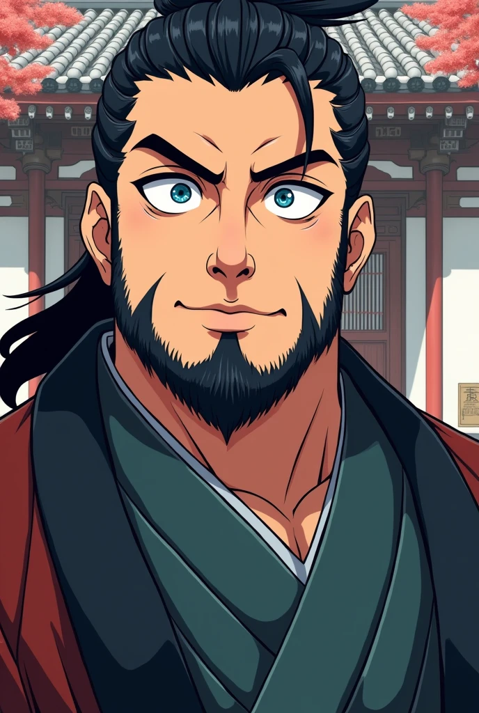 (High quality, masterpiece, Japanese anime, two-dimensional, beautiful eyes, extremely detailed background, 8k wallpaper, extremely detailed face) Uncle, slightly chubby body, strong muscles, beard, hopeful eyes, bright eyes, blue eyes, mature and steady, sophisticated, white short sleeves, Onmyoji portrait, Miyamoto Musashi, detailed anime character art, background for pavilion