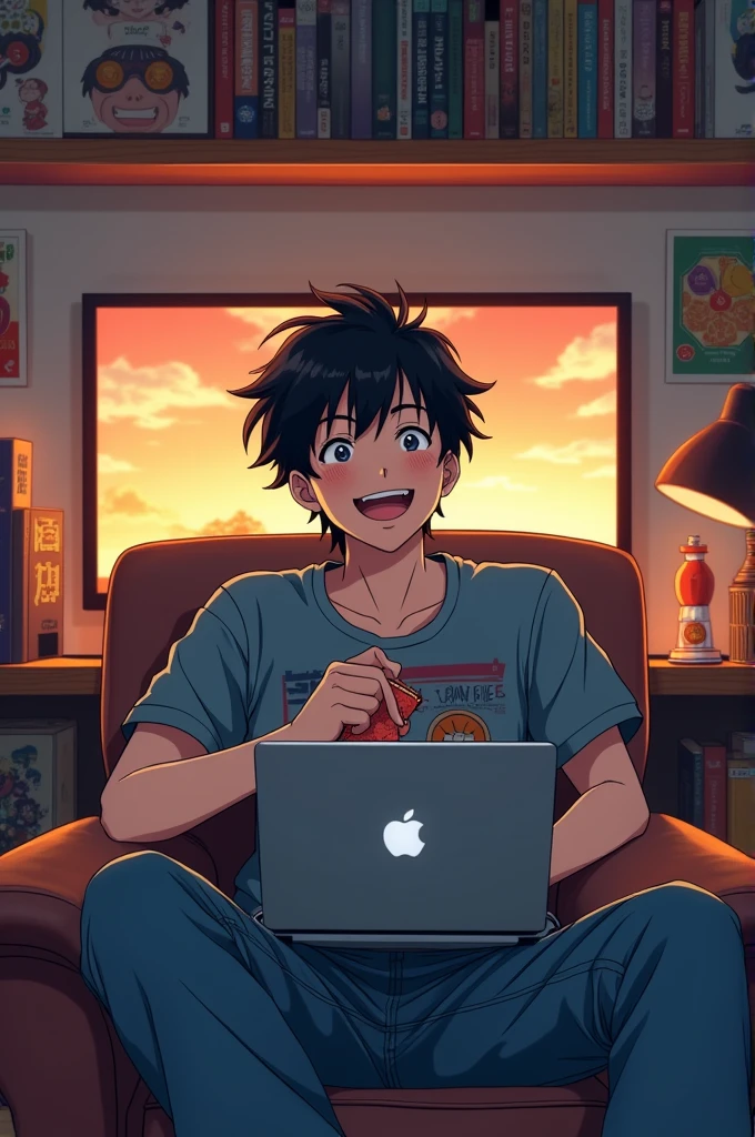 A black-haired boy is sitting on a comfortable chair in his otaku-themed setup. He has a cheerful expression, with a wide smile showing his enjoyment. His black hair is styled in a casual, slightly tousled manner. He's wearing a relaxed outfit, such as a graphic t-shirt featuring anime designs and comfortable jeans.The background of the setup is filled with anime posters, figurines, and manga volumes neatly organized on shelves. The room has a warm, cozy atmosphere with soft lighting, perhaps from a desk lamp or LED strips. On a desk or table in front of him, there's a laptop or a large screen displaying an anime episode. The boy's gaze is fixed on the screen, and he’s holding a snack or drink, enhancing the casual, relaxed vibe of the scene.
