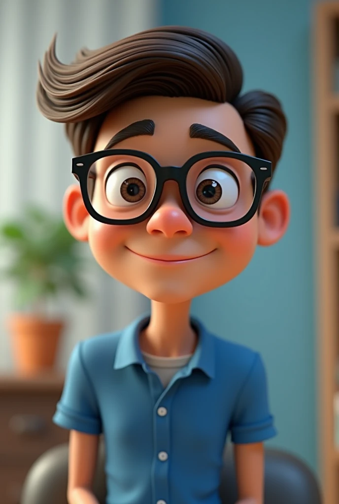 Cartoon character of a man in black glasses and blue shirt, an animated character, stylized character, animation style rendering, 3d stylized, Arnold Maya rendering, Stylized 3D rendering, toon render screenshot, 3d character, 3d character, Stylized 3D rendering, 3D character rendering, cartoon character, Personagem de close up, character posing, (Pixar-style) (master part:1.2) (bokeh) (best qualityer) (skin detailed) (detailed texture) (8k) (Argilla) (cinematic lighting) (sharp focus,Sit down and lift your upper body