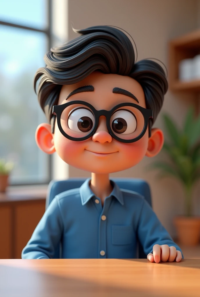 Cartoon character of a man in black glasses and blue shirt, an animated character, stylized character, animation style rendering, 3d stylized, Arnold Maya rendering, Stylized 3D rendering, toon render screenshot, 3d character, 3d character, Stylized 3D rendering, 3D character rendering, cartoon character, Personagem de close up, character posing, (Pixar-style) (master part:1.2) (bokeh) (best qualityer) (skin detailed) (detailed texture) (8k) (Argilla) (cinematic lighting) (sharp focus，Sit down and lift your upper body