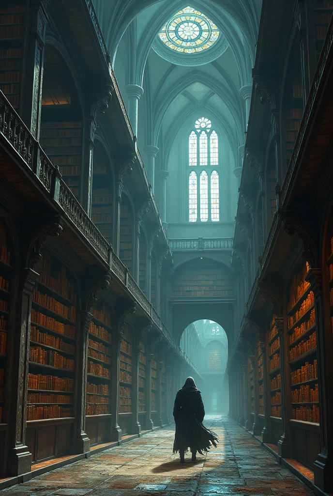 there is a photo of a bookstore with a man walking through it, gothic epic library concept, gothic epic library, gothic library, conceptual art library ruin, OLD LIBRARY, book cave, magic library, an eternal library, gloomy library, dusty library, alchemist library background, space library artwork, vast library, castle library, dark library, endless books