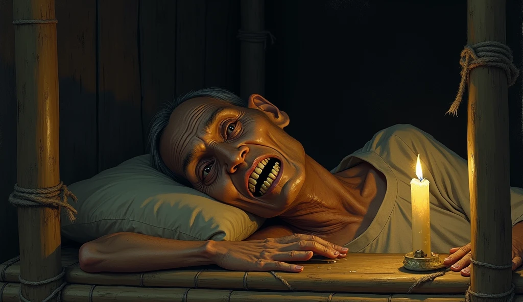 small Candlelight, in the style of tomer hanuka, joram roukes, emotionally charged portraits, rustic futurism, henrietta harris, darkly comedic, rough painting, sad, slim, ill Vietnameses old man lying on bamboo bed illustration,  1 set of gold teeth on his mounth
