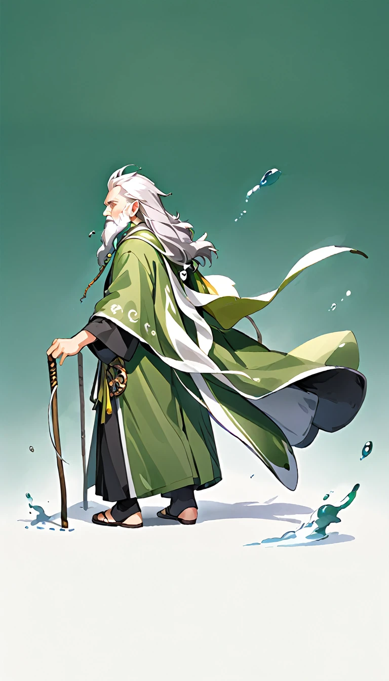 Highest quality、high resolution、High detail、Wizard、Gray-haired all-back、Cool Uncle、whole body、Long white beard、Green robe、Cane、((Chibi Character))