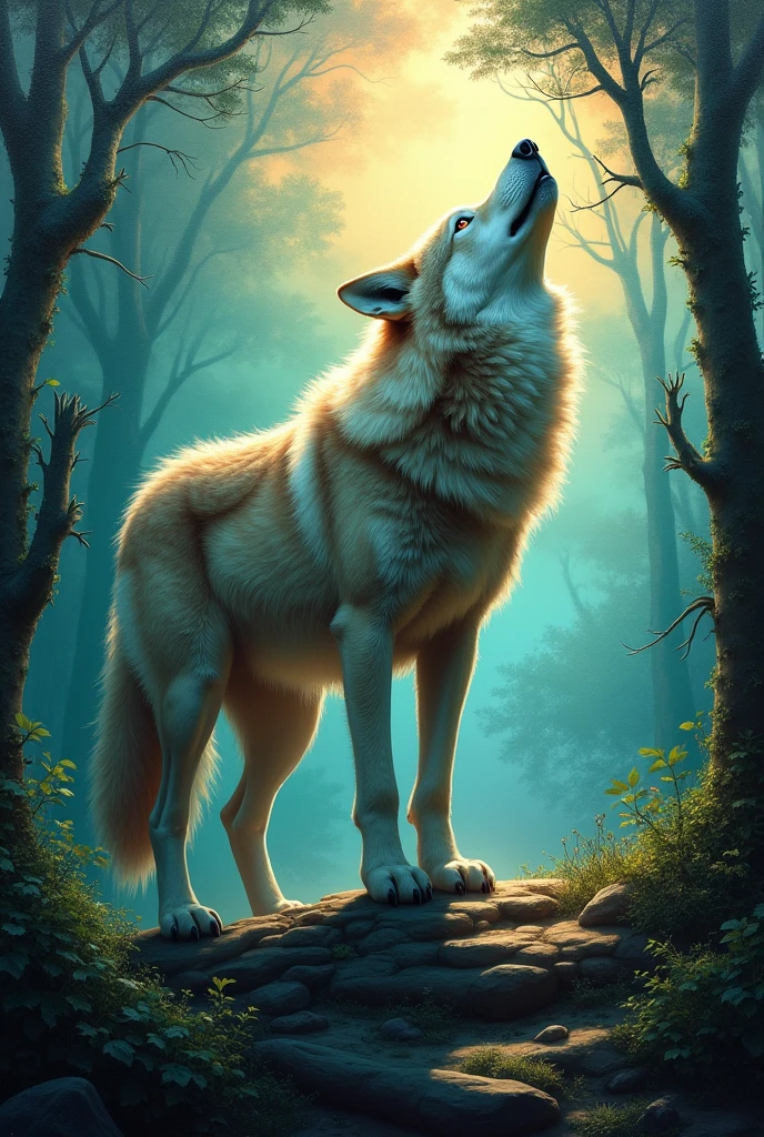 art：Aaron Horkey, , , Very detailed, 32K, Sharp focus, Luminism, Exquisite oil painting, moon, Detailed Sky, Very detailed大きな暗いオオカミ, Anat Finstark . Detailed landscape, The aesthetics of the story of the North, Dynamic Movement, Large reflective eyes, forest,Shine, Swirling leaves, Emerald Mist, Mysterious, Complex背景, Dynamic Lighting, Light, Complex pose, Very finely crafted, Complex, Baroque, Hudson River School, Thomas Cole, masterpiece