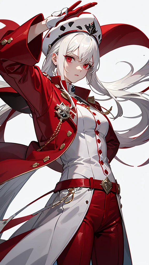 white hair woman,white and dark red outfit,white cap with dark red details,dark red jacket with skull details,white jean pants,villainous pose,threatening pose,spilled paint background
