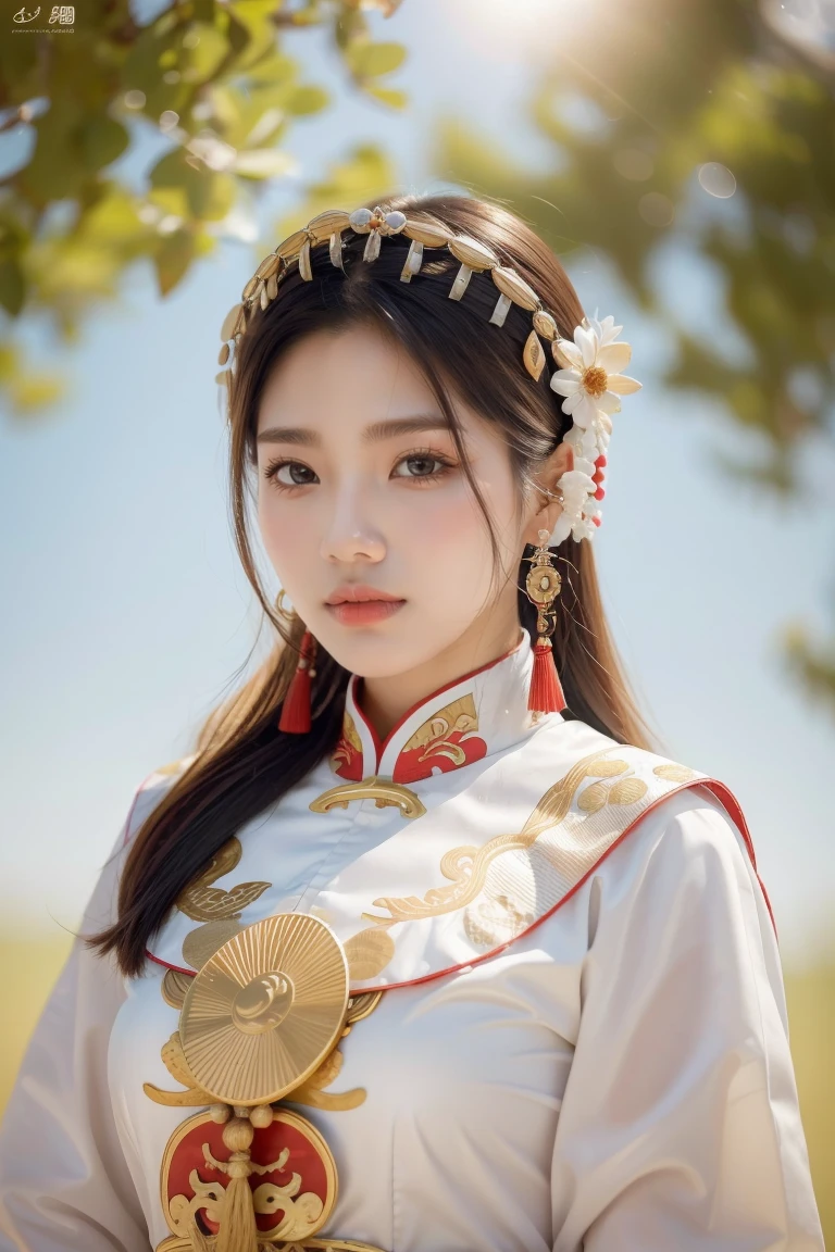 A girl, ancient Chinese costume, whole body, sunshine, clear face, clean white background, masterpiece, super detail, epic composition, ultra HD, high quality, extremely detailed, official art, uniform 8k wallpaper, super detail, 32k