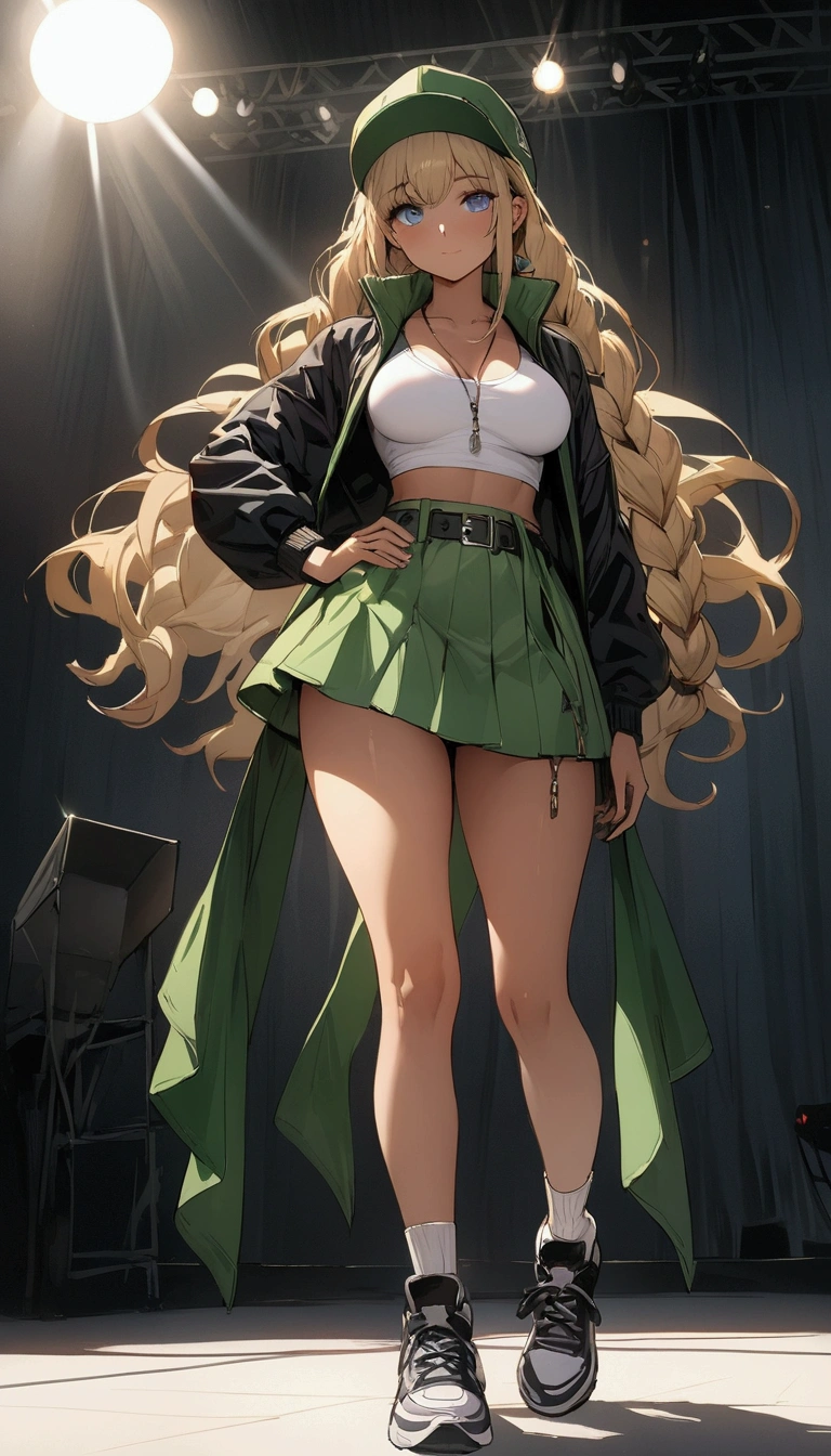 (Masterpiece. The best quality. 8K. Sharp focus. Depth of field, The best shadows. Perfect lighting. HDR. Realistic skin texture. Ultra-detailed background. Detailing). Anime style. Endless summer. Slavyana Yaseneva. 1 girl. Blonde, long hair, hair tied in two braids, hair to the waist. Blue eyes, beautiful eyes, beautiful eyes, expressive eyes. Beautiful nose, perfect facial features. Perfect anatomical body, slender figure, second size breasts, beautiful breasts, thin waist, rounded hips, beautiful long legs. Green cap, top, sports jacket - windbreaker, flared skirt, white socks, sneakers. fashionable belt on the waist, microphone. Feet shoulder-width apart. Club. Standing on stage. Singing hip-hop. Spotlights. Spotlights. Standing at full height. Concept art. Looking at the viewer.  Full length. Full body.