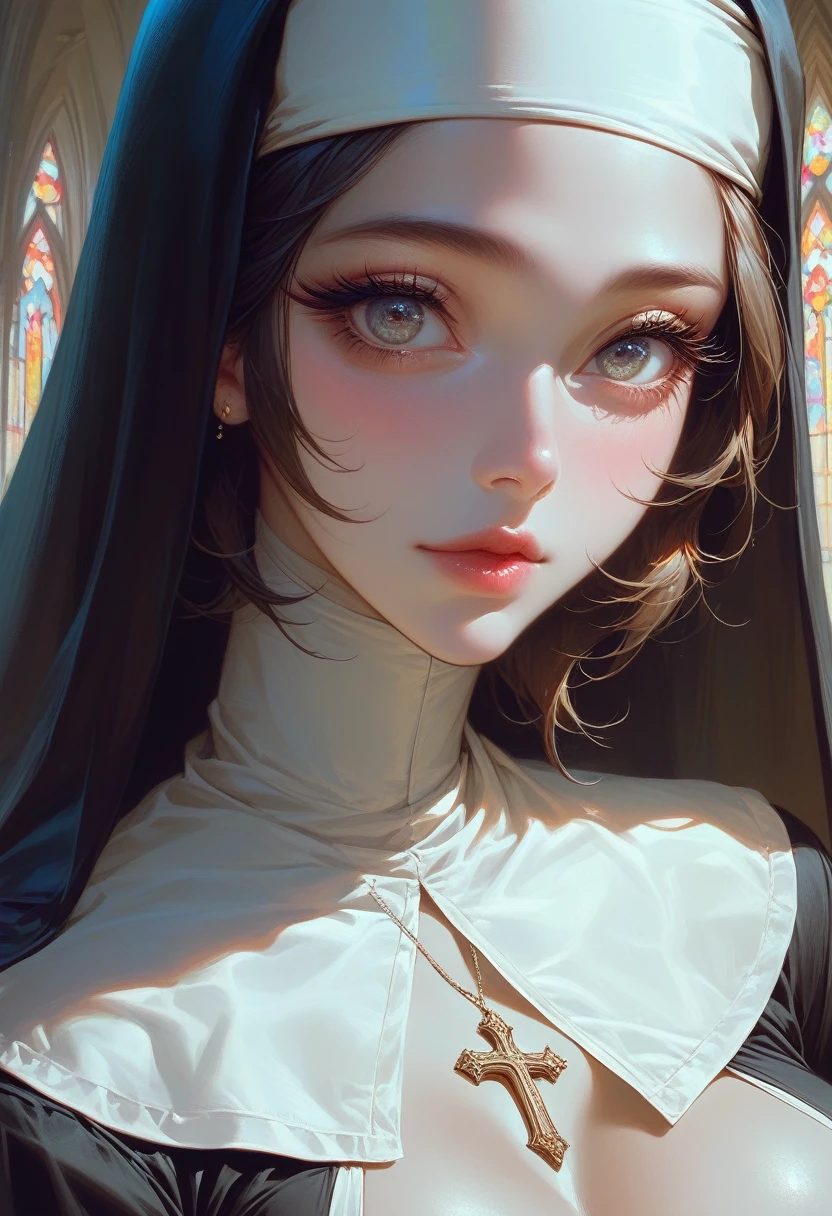 A beautiful young woman, Extremely detailed face, Long eyelashes, Beautiful eyes and lips, nun,Wearing sheer stockings as an inner wear,性感镂空nun服,1 girl, Perfect body, detailed, Large Breasts, she'Wearing cleavage and a thong, provocative, Pose Keratin, Front view, whole body, Anatomically correct, Simple background