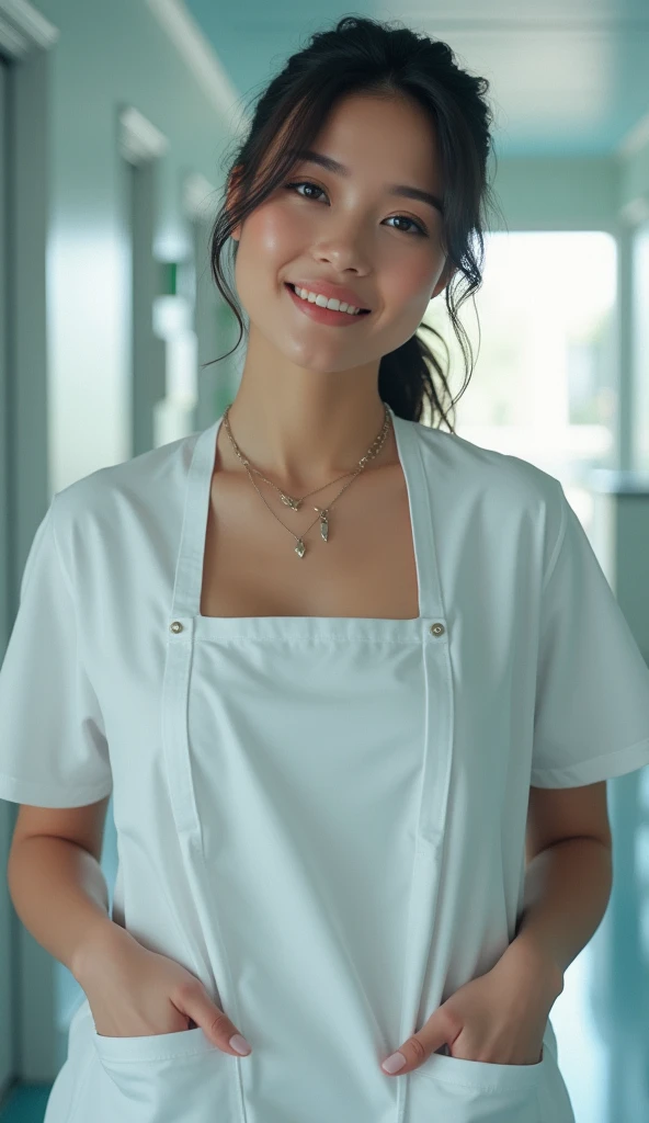 Beautiful American nurse wering apron, Very big Natural boobs, side boobs, Curvy body, Clean white face and skin, 4k super soft  large breast   