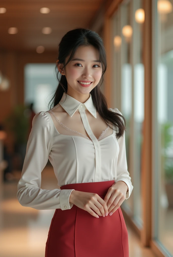 "Create an image of an 18-year-old Asian woman dressed in hotel receptionist attire. She has a cute face and is smiling. The image is full-body, with a slightly revealing outfit, giving a youthful appearance."