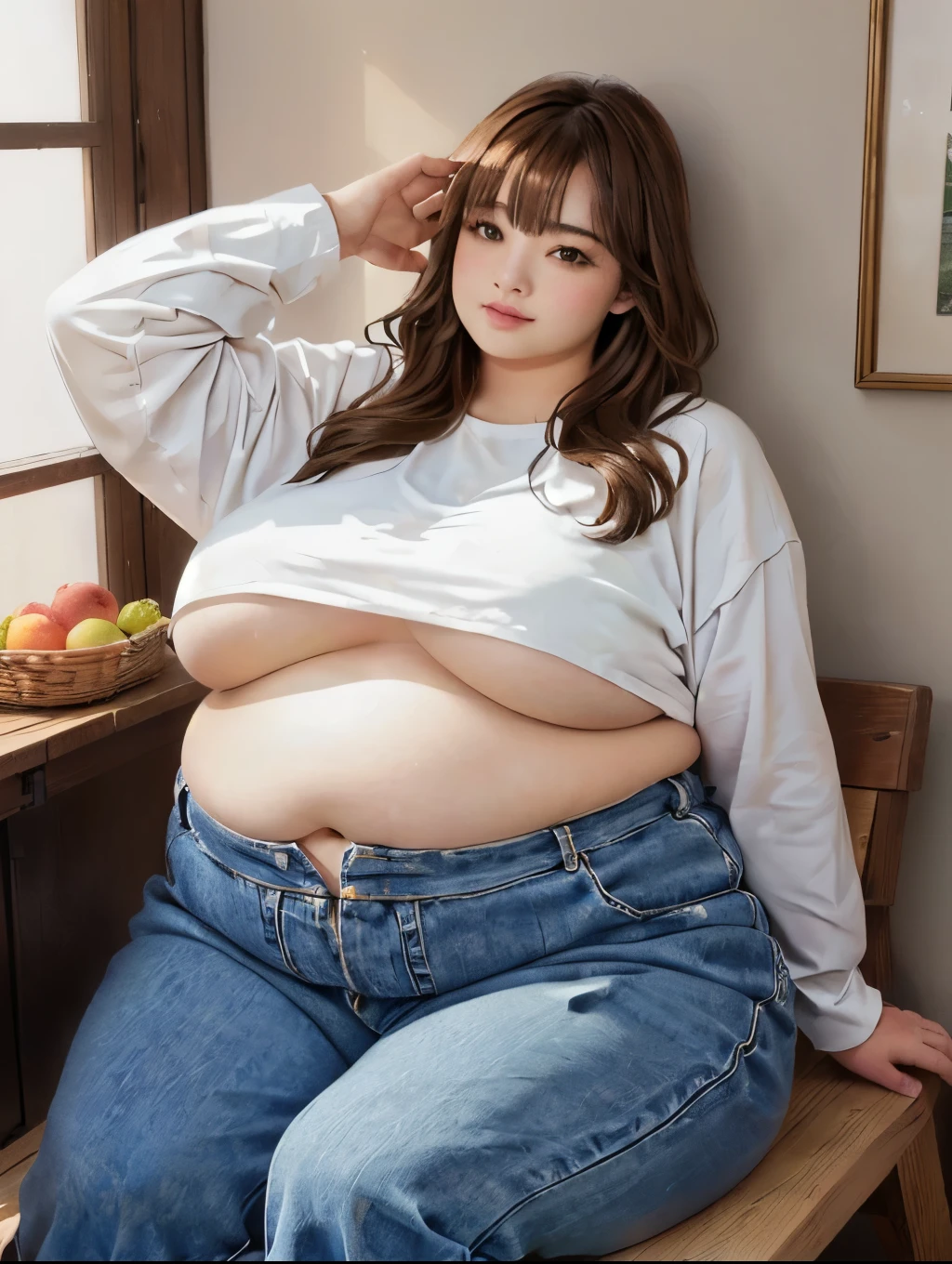 Une femme girafe assise sur un banc, with the belly exposed., she has a round and big belly, her belly is big and round, bbwchan, large stomach, hyperrealistic complete figure, taille fine et hanches thickses, thick, her navel is exposed, corps thick, fat belly, Obese ), attractive plus size model, fat belly