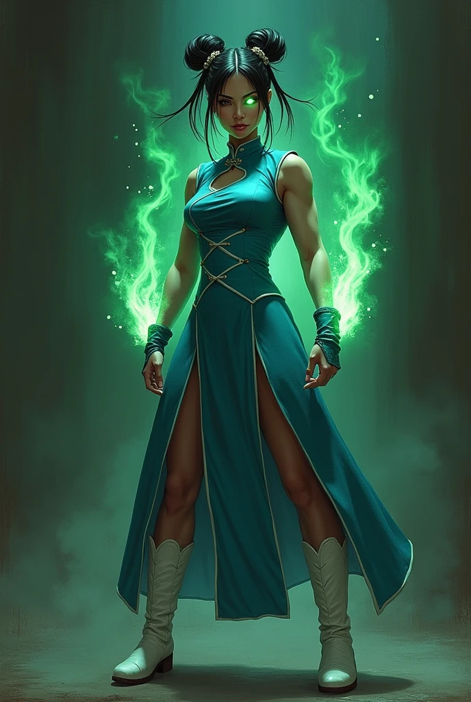Chun Li from Street Fighter 6 being mind controlled to be evil. She is wearing her classic outfit and her eyes are glowing green.