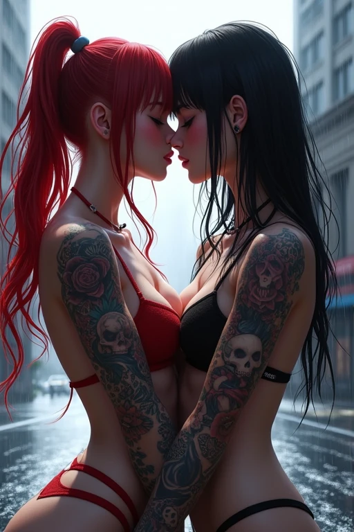 nsfw,(Tabletop:1.2, highest quality:1.2), 32k HDR, High resolution,, (Deep Kiss), (Black Haired Girl and Scarlet Haired Girl), ((Red color hair:1.2,freckles,short hair,Shaggy,Messy Hair,)),((Black Hair,Beautiful straight black hair,Beautiful white skin,ponytail)), (Arms covered in tattoos),(A body covered in tattoos), (A body covered in tattoos),(Dragon Tattoo),(Bishamonten tattoo),chest, Messy Hair, Bedhead, Dynamic pose, tongue,(Showing nipples:1.35),( Chest cleavage:1.35), Detailed skin texture, Detailed face, Fine grain, (forward leaning posture:1.1), (Show your tongue, Long tongue,Tongue entanglement,Overlapping lips),Masterpiece, anime realistic art, anime style,high school girl,dynamic angle, Wet hair, hair over eyes,slender toned build, pale skin, shiny detailed eyes, (lipstick:0.7), purple hair,long hair, big breasts, floral printed shirt, cleavage, front tied shirt,half sleeves, black thong,rainy street, asphalt, white back light, night ,Wet ,gun, gangster , looking at viewer, open legs, see-through, splash art, a quirky liquid portrait of a hauntingly beautiful dark werewolf woman, splash style of paint, Pixar style, Halloween colors, hyper detailed intricately detailed, fantastical, intricate detail, splash screen, liquid, gooey, Slime, splashy, fantasy, concept art, 8k resolution, masterpiece, melting, complex background, intricate detailed, dark colors, fantasy, concept art, digital art, intricate, oil on canvas, masterpiece, expert, insanely detailed, 4k resolution.You will be Victoria,detailed face,vampire,handsome face,Vampire Fangs,red eyes,intense stare,smooth skin,Pale complexion,flowing hair,perfectly arched eyebrows,sculpted cheekbones,masterpiece:1.2,ultra-detailed,photorealistic,vivid colors,dark and moody lighting"