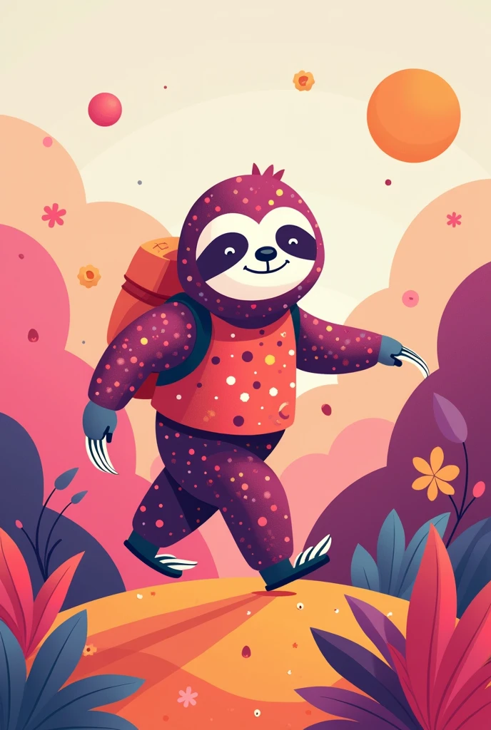Sloth, traveling in pink orange and purple colors, logo style,
