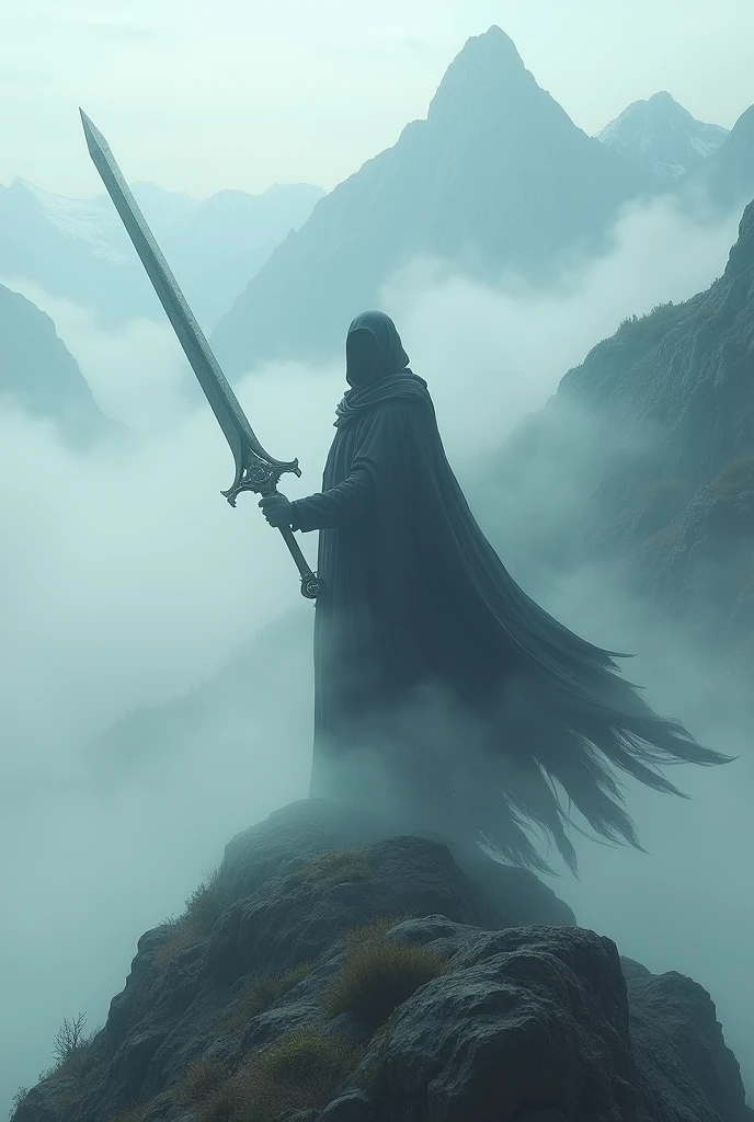 best quality, very good, 16K, ridiculous, Very detailed,unmanned, Huge sword,made of mist, Background mountain top((A masterpiece full of fantasy elements))), ((best quality)), ((Intricate details))(8K)