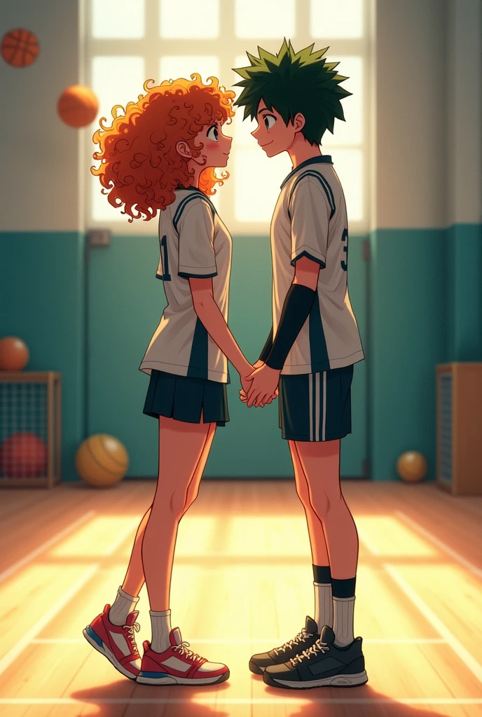 Izuku Midoriya (female with curly hair), Who kisses Katsuki Bakugo (male), en tenue de sport et dans un gymnase, High school students , du style manga