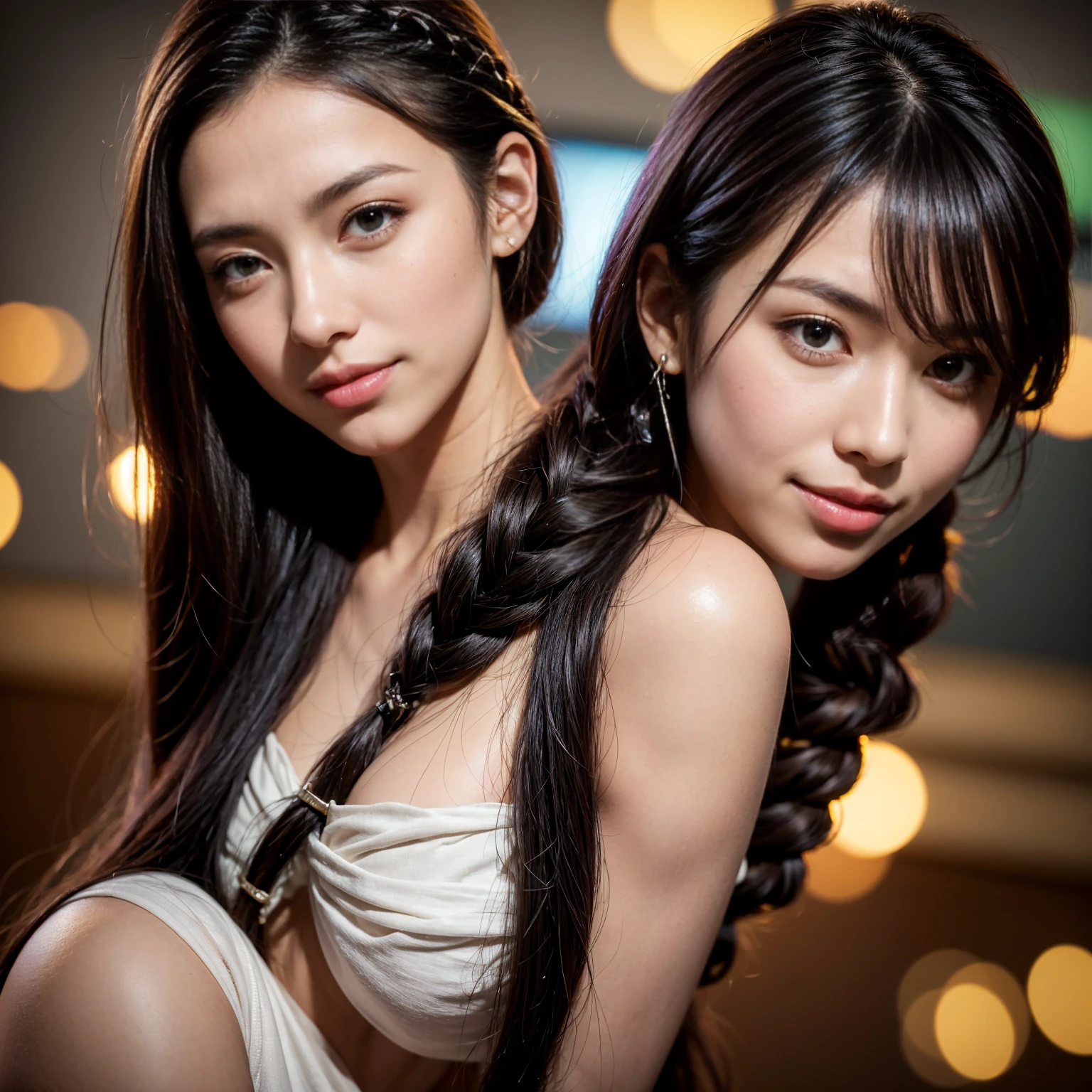 A beautiful girl with long dark hair, half-body portrait, looking directly at the viewer and smiling widely, showing her teeth, with braided hairstyle, black eyes and detailed lips, (best quality, 4k, 8k, highres, masterpiece:1.2), ultra-detailed, (realistic, photorealistic, photo-realistic:1.37), HDR, UHD, studio lighting, ultra-fine painting, sharp focus, physically-based rendering, extreme detail description, professional, vivid colors, bokeh, portrait