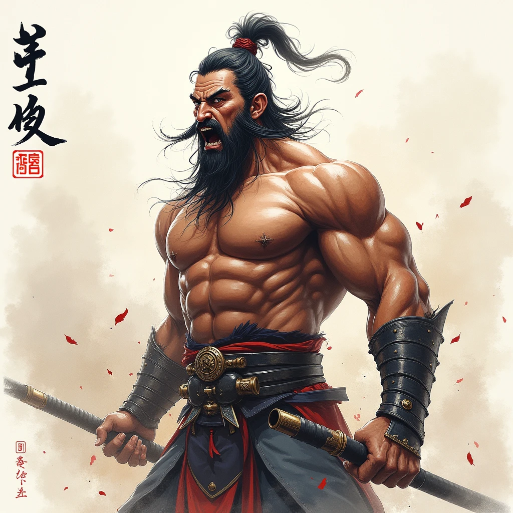 Ink Painting,Military commander,Three Kingdoms,realism,Watercolor,雄叫びをあげる勇まShii将軍,Muscular and rough々Shii,Prepared to die,zhangfei,Biceps,shock wave,Round face and bulging eyes,Shouting threats towards here,Backlit majesty々,Tiger-like whiskers,Gatekeeper of Hell,My eyes are hot,Estimated 30 years old、Open your mouth wide and scream,Covered in scars,Short hair and a broken helmet