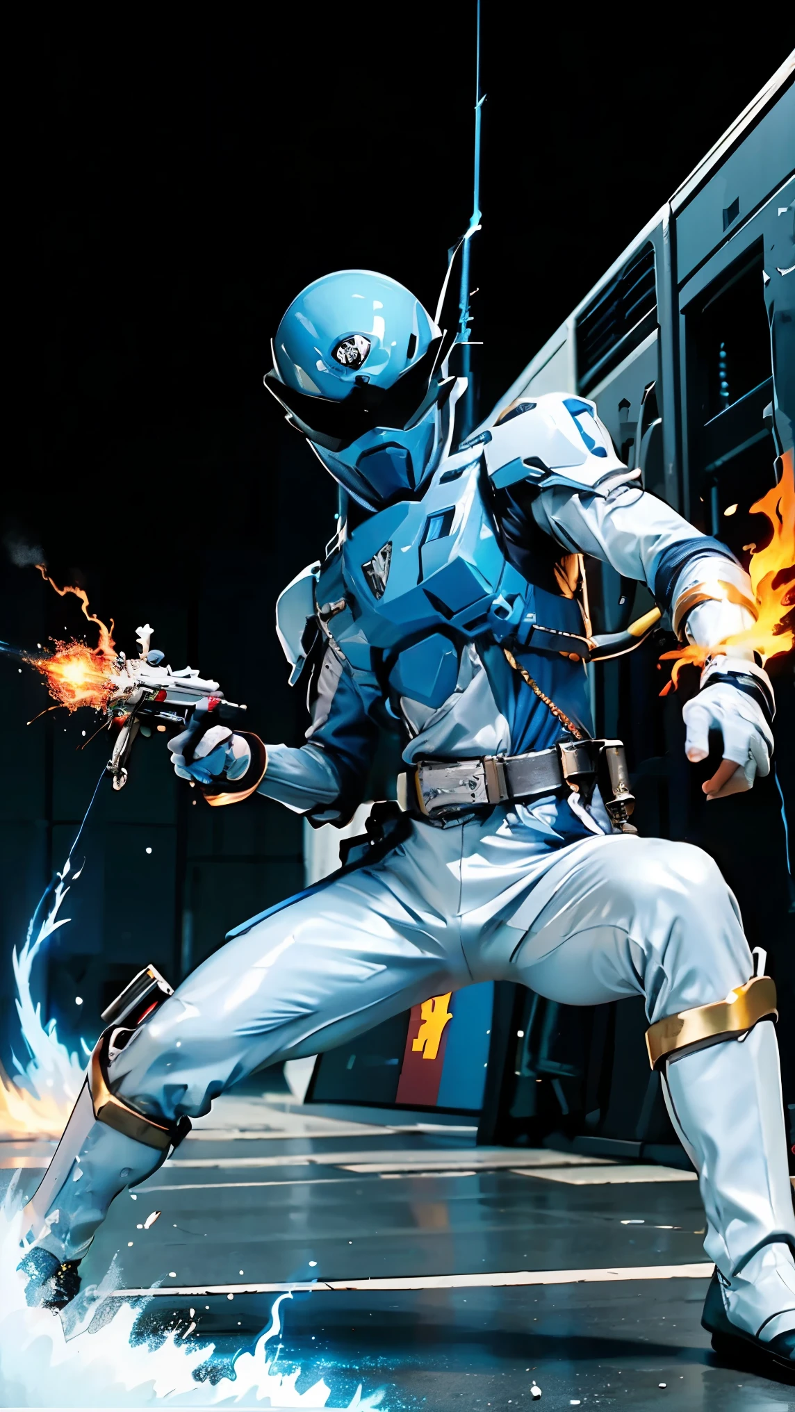 1boy, white, full body, Illustration, cinematic light, high resolution, best quality, ultra detailed, masterpiece, power suit, powerranger, suit, spd, (silver royal guard ranger suit), gold detail, holding white pistol, flowing, light armor,  martial arts, dynamics, flames, particles