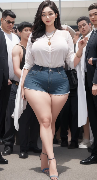 There is a woman taking a picture wearing a white shirt and flesh-colored shorts..., beautiful Thick female, Tsk tsk tsk tsk, wide hips, Thick thighs, attractive plus size model, Rubenesque, Thick legs, big thighs, plus size women, 가장 wide hips, Thick body, Thick, Attractive hourglass shape, Attractive models, Arabian-Japanese Goddess , Beautiful attractive woman, slightly fat arms , Equipped with 5 bracelets, Wear 3 diamond necklaces, wearing high heels, Exposure to colossal breasts, gang rape, Group Sex, I&#39;m having sex, Genital exposure