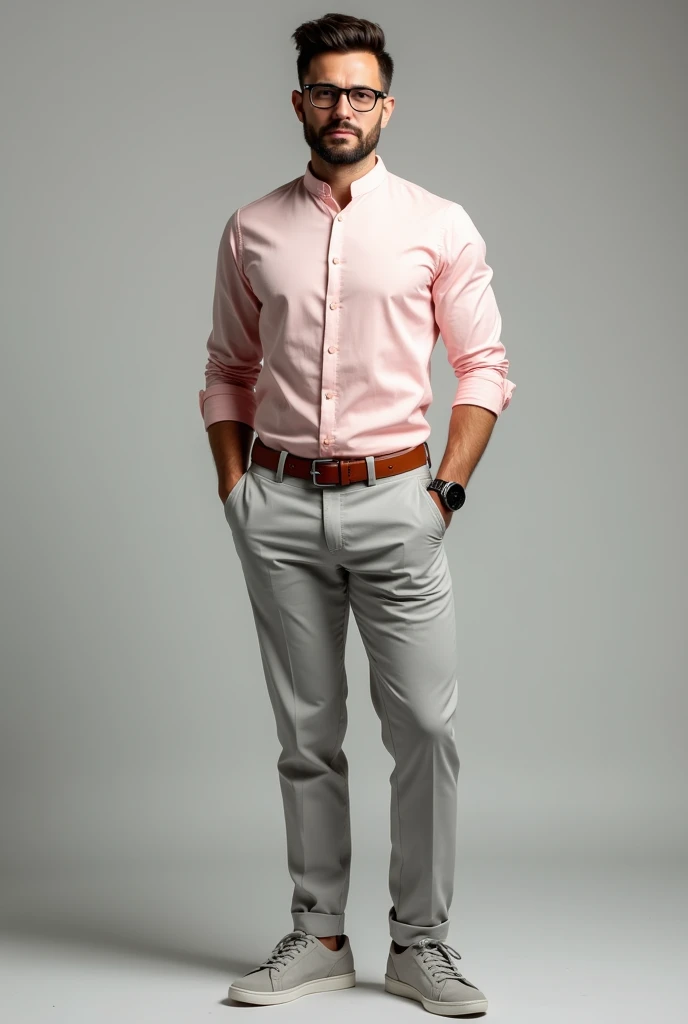 Smart athletic body,  man with light  smart small Beard with smart look wearing light baby pink chinese standing collar shirt tucked in with brown belt, sleeves folded with light gray pants with light gray shoes. With smart short hair. Watch in left hand. Realistic image with glasses. Full body image with cashual shoes.