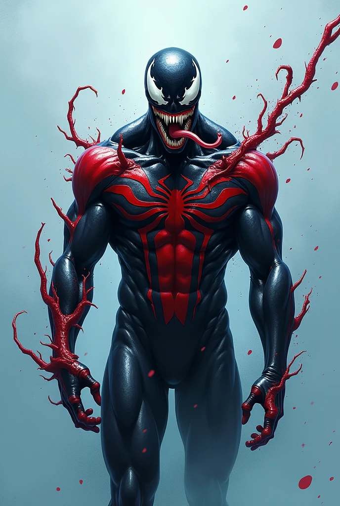 half venom half spiderman light blue background wallpaper blood small dots all over