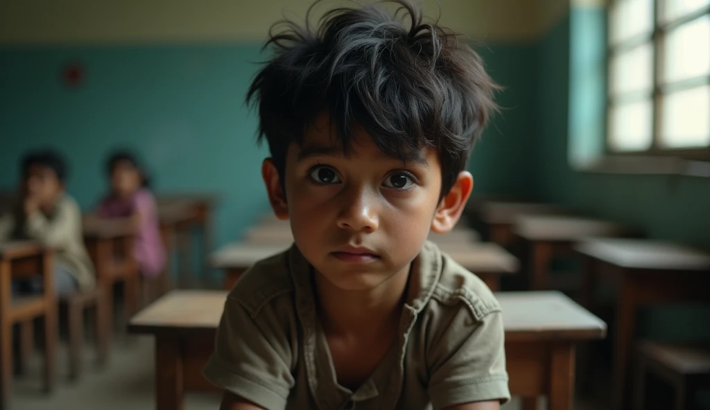 A poor  boy is sitting in the class room, looking ahead, his hair is scattered, he is very sad, he is a student of India, he is asking for help from people with his eyes, the background is blurred