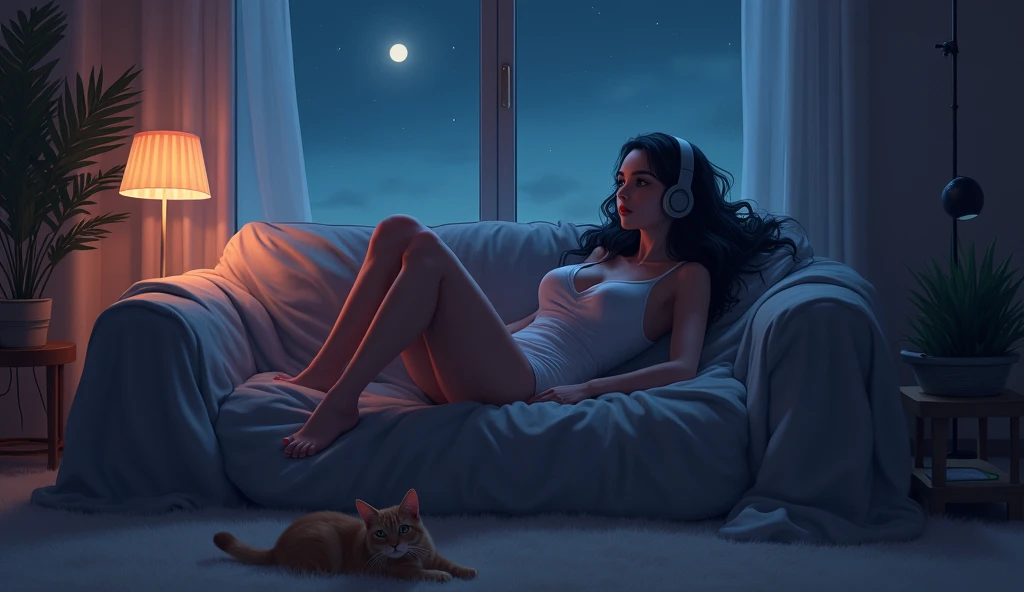 room,Woman sitting on sofa,look out、2D anime style,The cat is lying on the floor.、night、dark、I have headphones on、Let your hair down、Big Breasts、LoFi