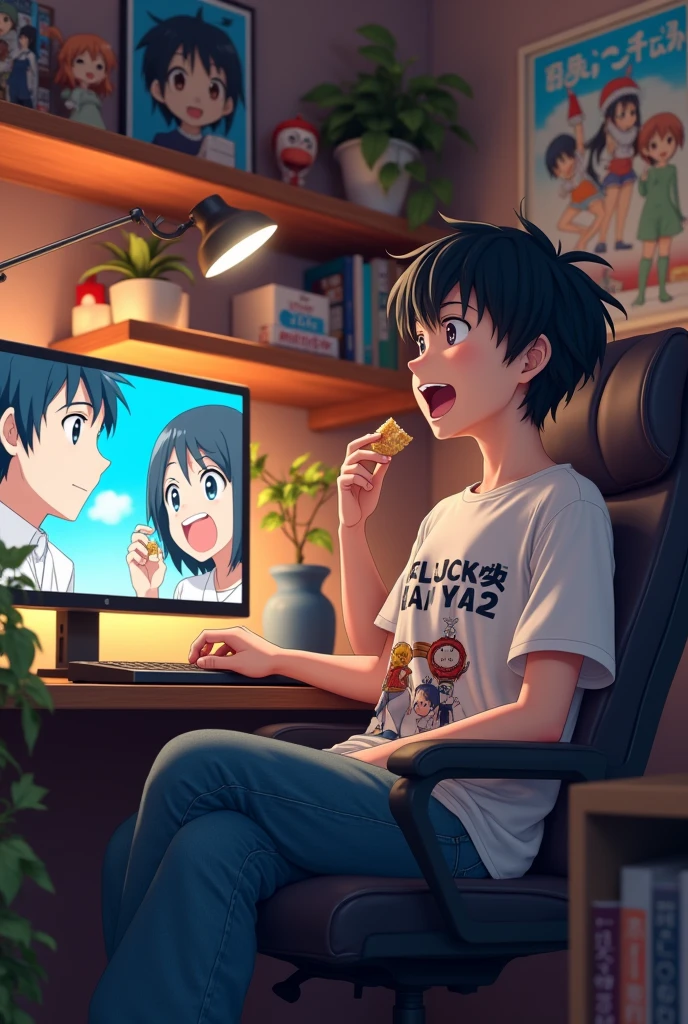 A black-haired boy is sitting on a comfortable chair in his otaku-themed setup. He has a cheerful expression, with a wide smile showing his enjoyment. His black hair is styled in a casual, slightly tousled manner. He's wearing a relaxed outfit, such as a graphic t-shirt featuring anime designs and comfortable jeans.The background of the setup is filled with anime posters, figurines, and manga volumes neatly organized on shelves. The room has a warm, cozy atmosphere with soft lighting, perhaps from a desk lamp or LED strips. On a desk or table in front of him, there's a laptop or a large screen displaying an anime episode. The boy's gaze is fixed on the screen, and he’s holding a snack or drink, enhancing the casual, relaxed vibe of the scene.