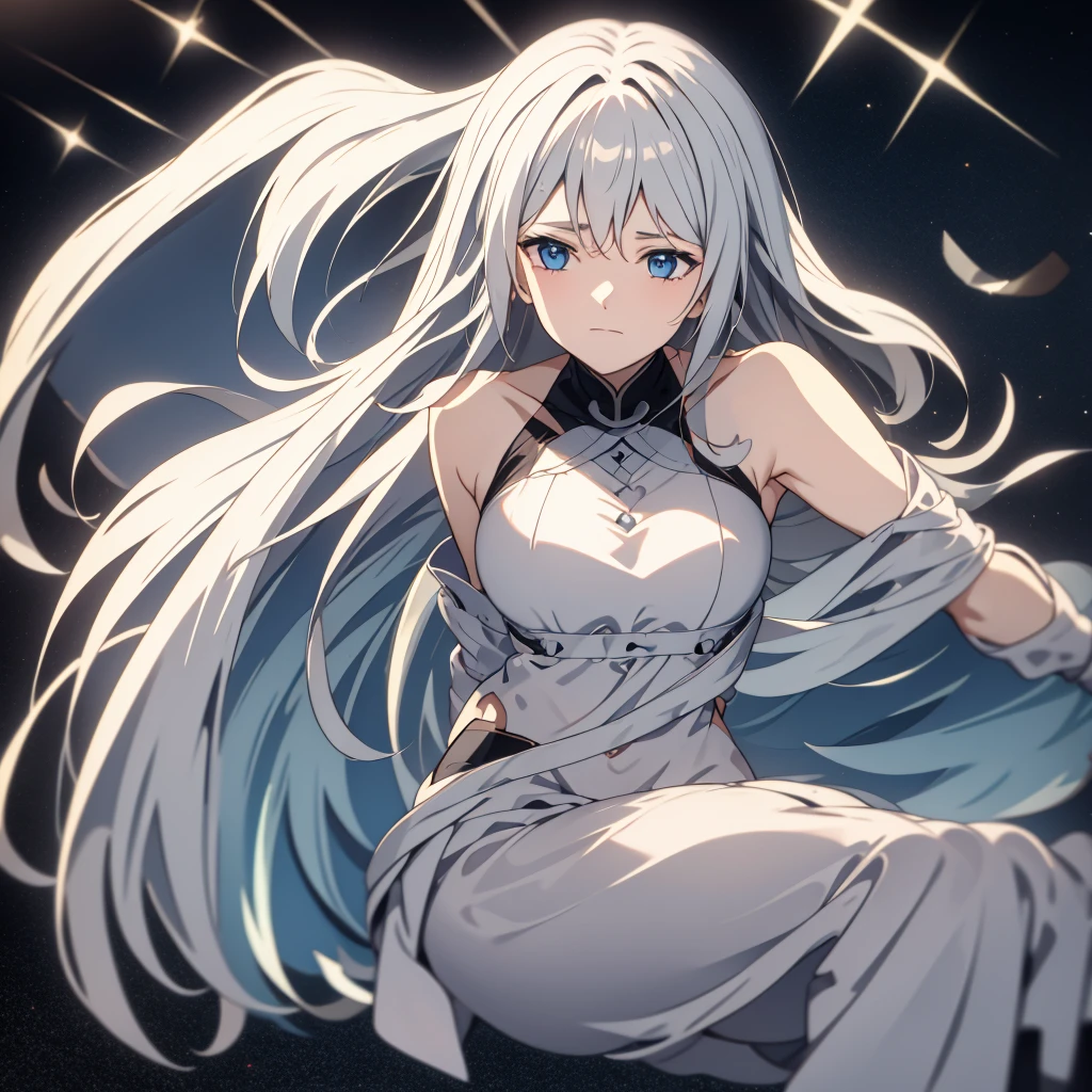 Cartoon image of a woman with long hair and blue eyes, 2D Anime Style, Long Hair Anime Girl, Silver Hair, Visual Novel Sprites, Perfect white hair girl, Anime Moe Art Style, Created by Anime Painter Studio, In anime style, Young Anime Girl, Silver Hair girl, White Haired Girl, Anime-style characters, One of the characters in the anime named Kanata Yozaki, 