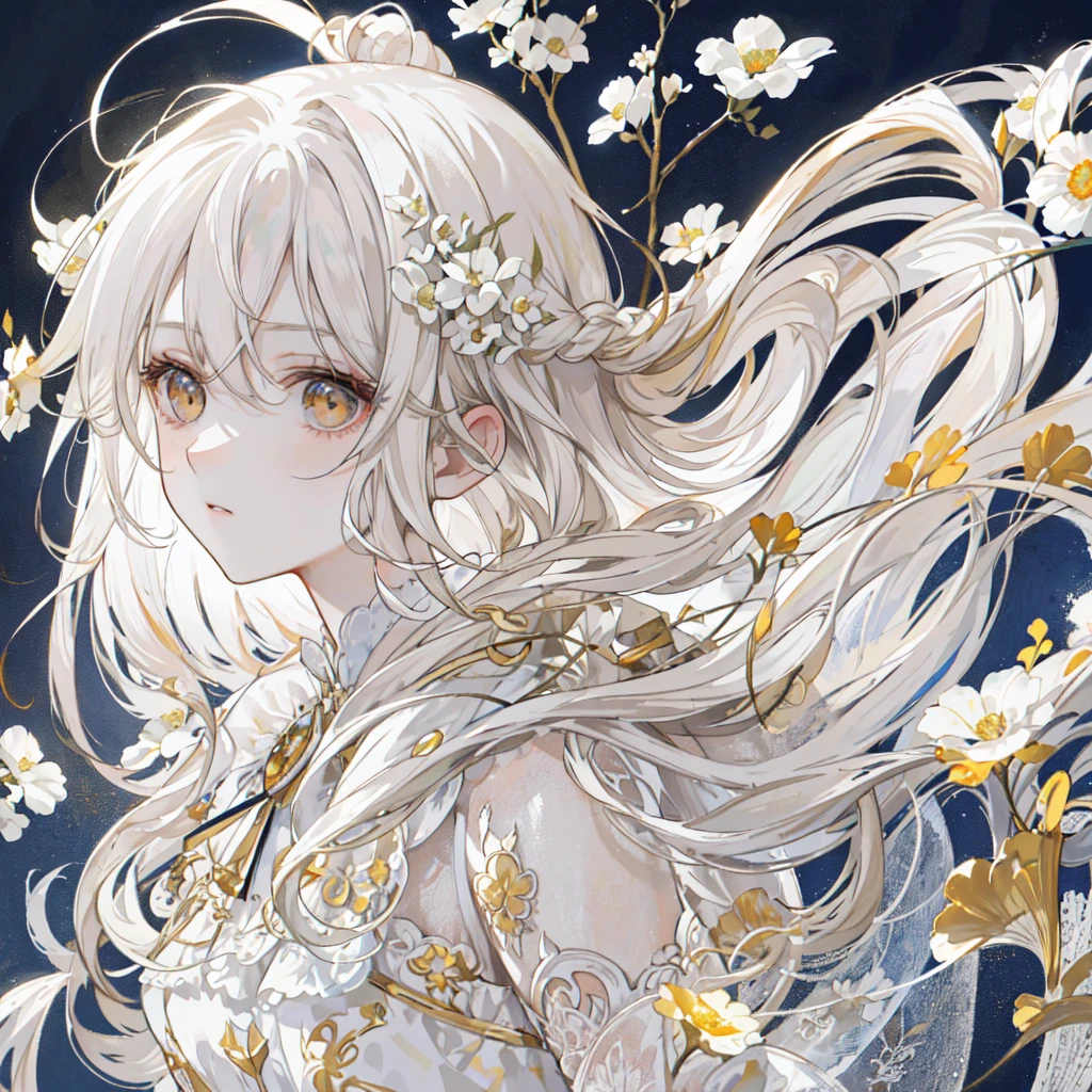 (masterpiece), (best quality), (Extremely detailed),(Messy hair),(illustration), (1 girl), (Fashion), Everlasting, fashion model, Looking at the audience, (interview), (Simple background),Beautiful and delicate eyes, Delicate and beautiful face, Floating flowers, Flowing hair, (shining), Optimal lighting, Best shadow,White long hair, Golden Eyes, Profile picture close-up