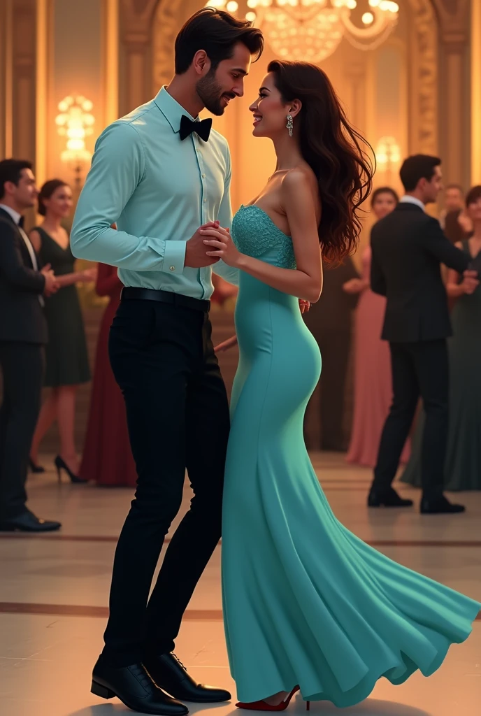 Un couple dont l'homme est habillé en chemise simple bleu turquoise clair avec noeud papillon noir sur un pantalon noir et chaussure en cuir et la dame en robe sexy bleu turquoise clair aussi à une soirée de gala en dansant