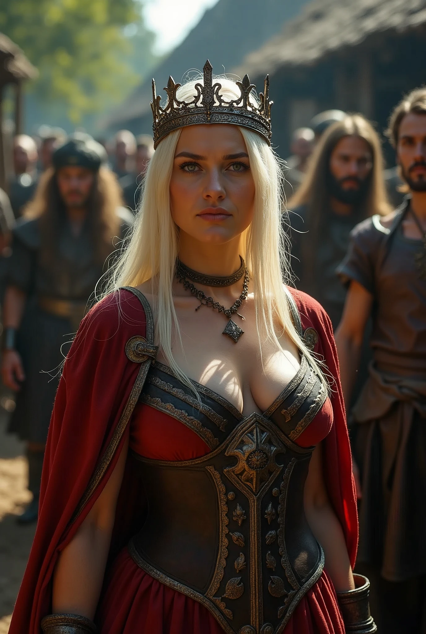 Saggy breasts, plump upper body. Photo of mature woman (warrior queen), white skin, symmetrical crown, tiara, diadem, diadem, mature woman, realistic oil painting (beauty: 1.1) (bright eyes), large and firm nipples, large dark areola, 38 Years old, (blonde) straight hair: 1.1) (bare shoulders: 1.3), (medieval fantasy costume: 1.2), visiting a poor village, male villagers watching (medium shot: 1.3) shot using (fujifilm xt3: 1.1), Film Grain, Dark Style, Oblique Light Dramatic Hard Shadows, (Dramatic Lighting: 0.9)