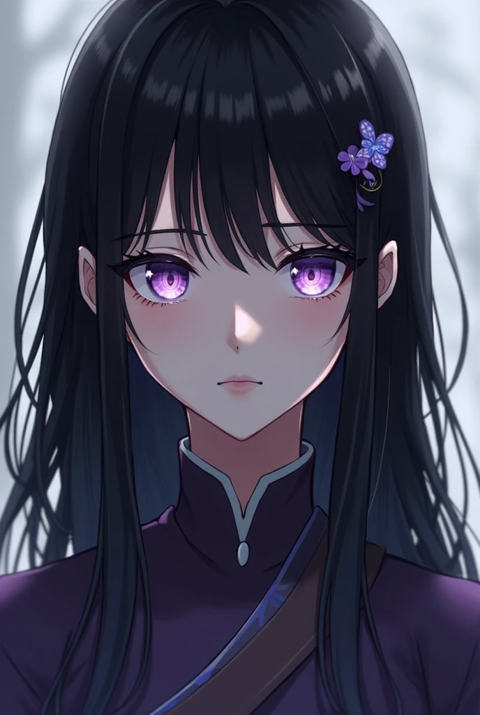 Young girl Long black hair light purple eyes cold expression has a traditional purple hair pin