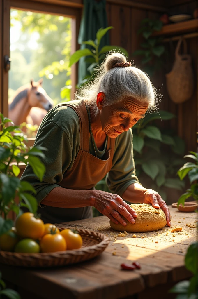 In vegitable tamato home, An old pour grand mother, making a bead with gauvava fruit, a beautifull sunlite comes on window, many horce are sitting in the tamato home,