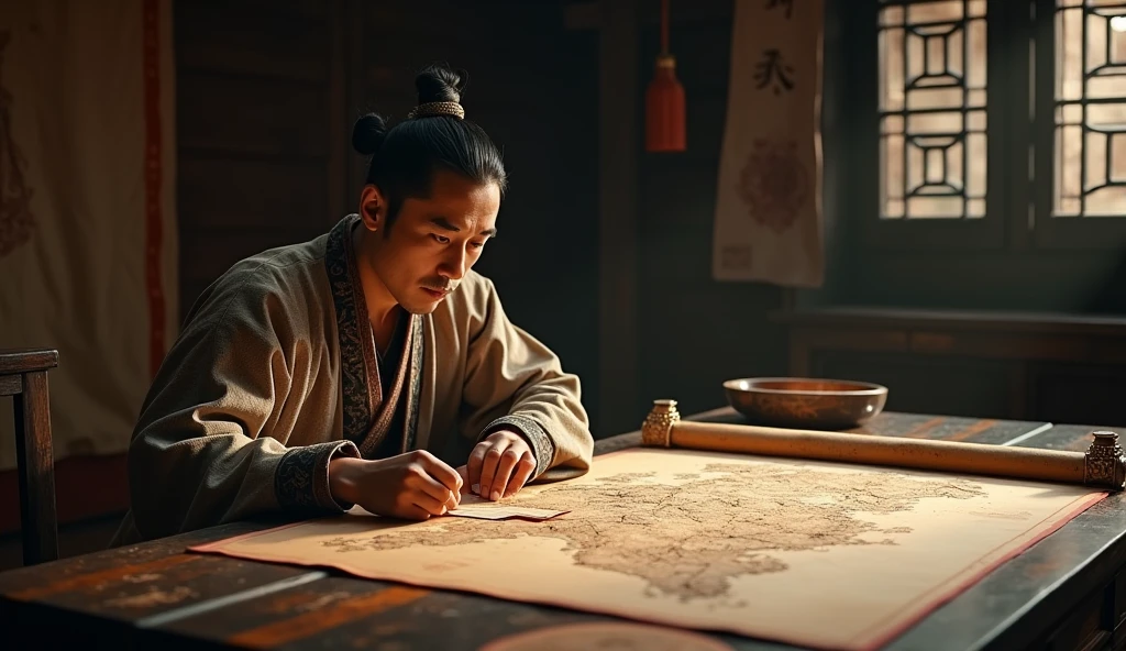 Warring States period,A military advisor sitting in a tent,There is a map in front of him,He holds a bamboo slip in his left hand,Right finger pointing at the map,Movie storyboard,8k,Ultra-clear,Realistic style