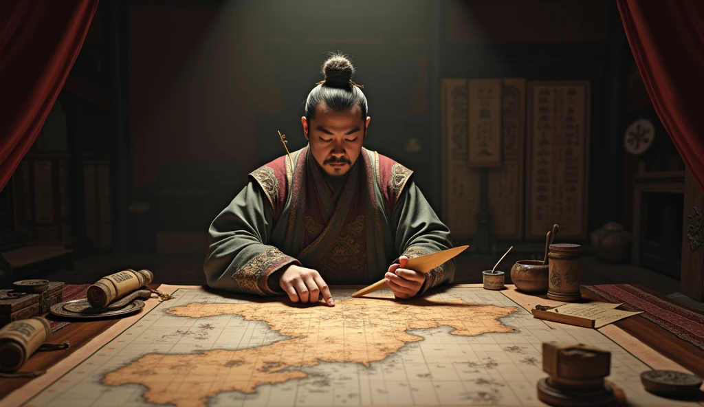 Warring States period,A military advisor sitting in a tent,There is a map in front of him,He holds a bamboo slip in his left hand,Right finger pointing at the map,Movie storyboard,8k,Ultra-clear,Realistic style