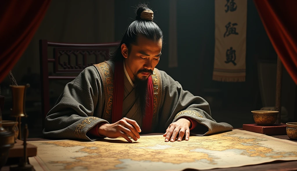Warring States period，A military advisor sitting in a tent，There is a map in front of him，He holds a bamboo slip in his left hand，Right finger pointing at the map，Movie storyboard，8k，Ultra-clear，Realistic style