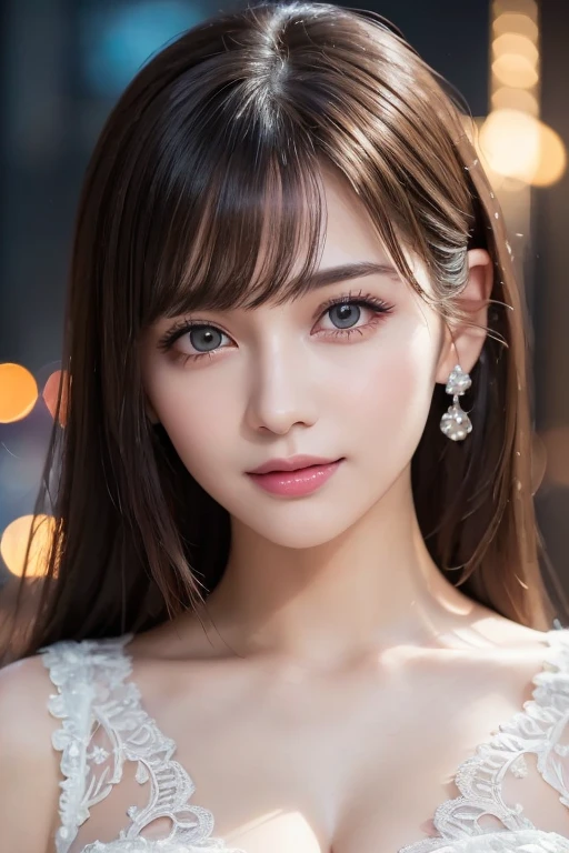 (beautiful detailed face, beautiful detailed eyes, beautiful detailed lips, extremely detailed eyes and face, long eyelashes, 1 girl, 20-year-old, flat bangs, smiling, blurred background, lace dress, night view, light up, princess-like, sexy, big breasts, vibrant color saturation, raw photo, photorealistic, realistic portrait, hyper-realism, high contrast, ultra HD, UHD, realistic skin textures, top image quality, top-quality, super high resolution, fine details, very meticulously, masterpiece, vivid colors, medium shot, close-up shot, cowboy shot, high angle shot, professional lighting, bokeh background, SFW, safe for work)