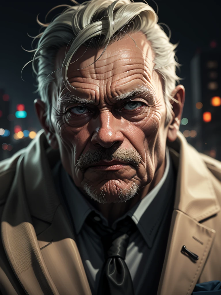 a portrait of an old man wearing a suit, upperbody, standing in a city background, mwvector, 8k, high quality, photorealistic, detailed wrinkles, detailed facial features, detailed texture, cinematic lighting, dramatic shadows, moody color palette, warm tones