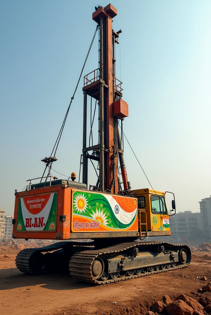 I want a picture of piling machine with wishing Indian independence day with the name of my company written on the machine - A.N.foundation