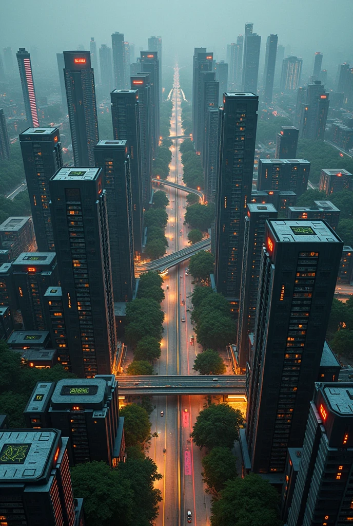Apartments, commie blocks, apartment complexes, multiple buildings, neon logo, neon lights, birdseye view ,art deco design，streamline moderne，futuristic architecture, Abstraction，modern style，Luxury and Luxury，dark night view，dark moody atmosphere, Futuristic decorative elements，Metallic，number line，sci-fi lamp，Virtual Engine，Unreal rendering, greenery, highways, cars, solar paneled roofs, ecofriendly, rooftop gardens, apartment buildings, balconies,