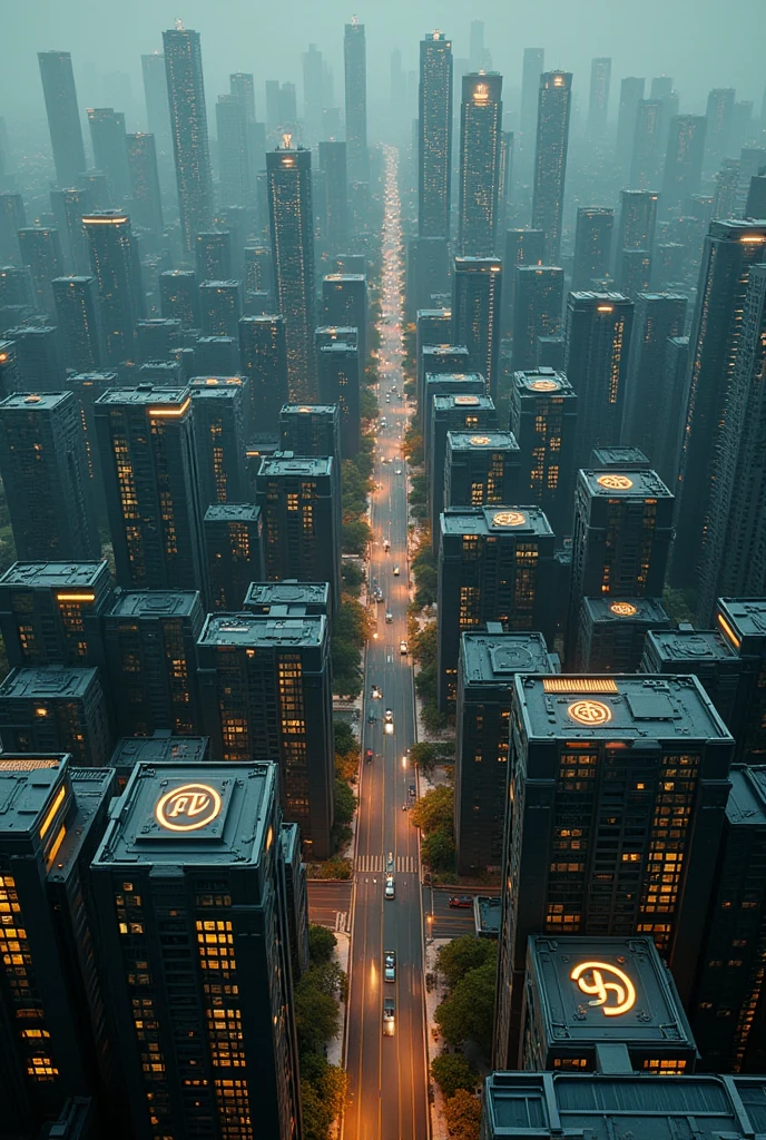 Apartments, ?????? blocks, apartment complexes, multiple buildings, neon logo, neon lights, birdseye view ,art deco design，streamline moderne，futuristic architecture, Abstraction，modern style，Luxury and Luxury，dark night view，dark moody atmosphere, Futuristic decorative elements，Metallic，number line，sci-fi lamp，Virtual Engine，Unreal rendering, greenery, highways, cars, solar paneled roofs, ecofriendly, rooftop gardens, apartment buildings, balconies,