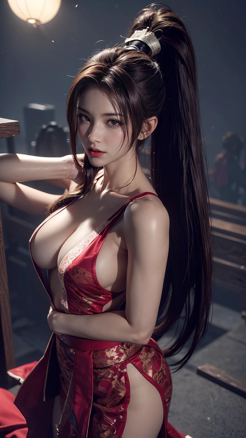 masterpiece,Game Art,Best picture quality,Maximum resolution,8k,(Upper Body,ambush),Unreal Engine 5 rendering works,Ray Tracing,RAW photos,(((Mai Shiranui character))), (((Brown hair color))), ((High Ponytail Hairstyle)), Enjoy the scenery, Focus on the Horizon, (((Perfect eyes))), (((Smile))), 21-year-old girl, Perfect body, (((Perfect anatomical structure))), Tosca Eye Color, Double eyelids, (((Small breasts))), Very detailed skin texture, (Realistic skin), Ultra-fine face, Delicate lips, (((Delicate eyes))), (((Double eyelids))), necklace, Moist skin, Wet hair, Simple background, (Front focus), (On the peaks:1.2), (((Night Atmosphere))), Deep Dark, Surrealist Portraits of Women by David Hockney and Alphonse Mucha, Fantasy Art, (((Photo-realistic))), ((Dynamic poses)), (((World Model Poses))), Dynamic Lighting, Art Station, poster, Volumetric Lighting, Very detailed faces, 4K, in the darkness, (((Night Atmosphere))), ((Deep Shadows)), Low profile, Cowboy shooting, (((Red long skirt))), Lighting Dress, (((Erotic lace dress))), (((stocking))),((3D Unreal Engine)),OC rendering reflection mode