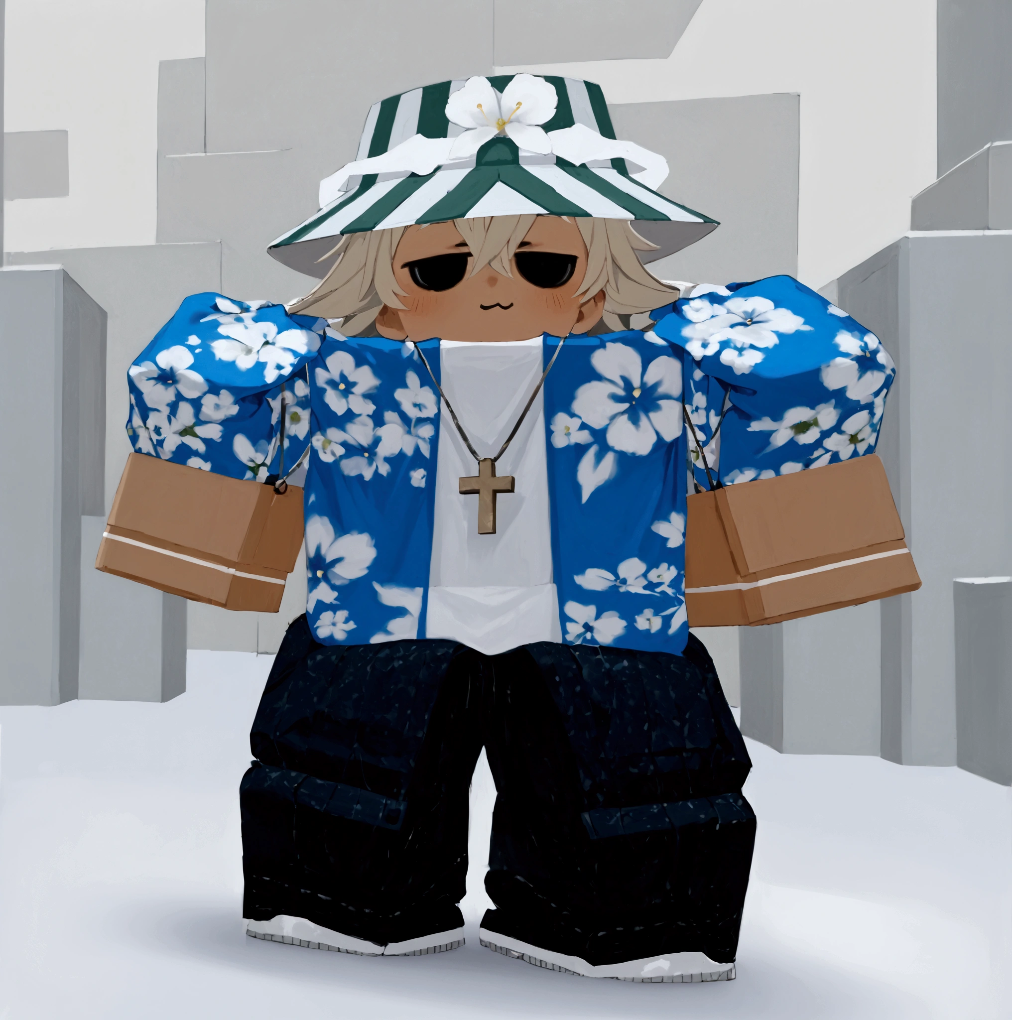 Boy with a white and green hat wearing a chain with a cross on his chest wearing a blue shirt with white flowers
