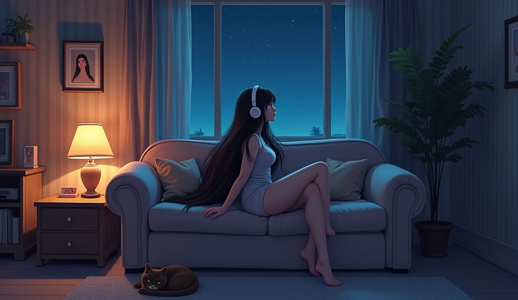 room,Woman sitting on sofa,look out、2D anime style,The cat is lying on the floor.、night、dark、I have headphones on、Let your hair down、Big Breasts、LoFi,Retro