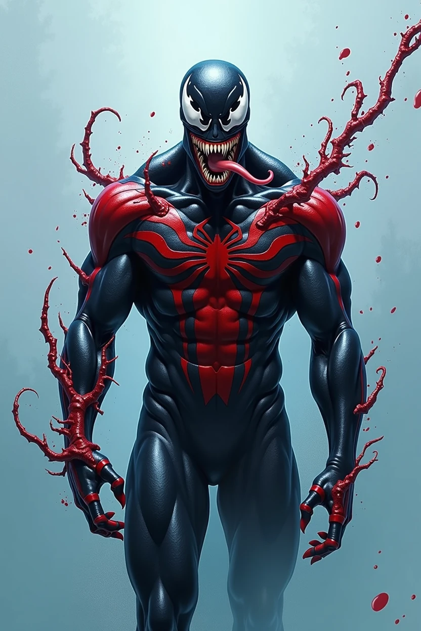 half venom half spiderman light blue background wallpaper blood small dots all over