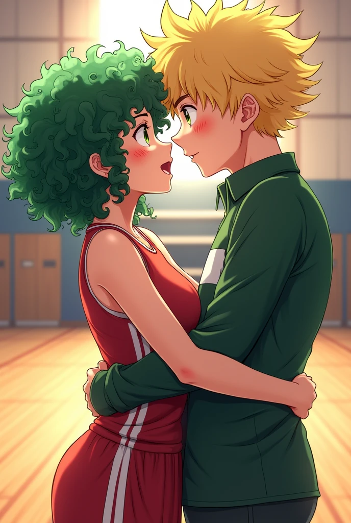 Izuku Midoriya (female with curly hair), Who kisses Katsuki Bakugo (male), en tenue de sport et dans un gymnase, High school students , du style manga